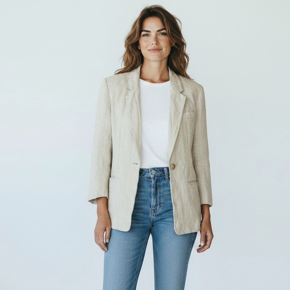 Adolfo Studio Blazer Jacket Womens 6P‎ Beige Linen Coastal Minimalist Neutral